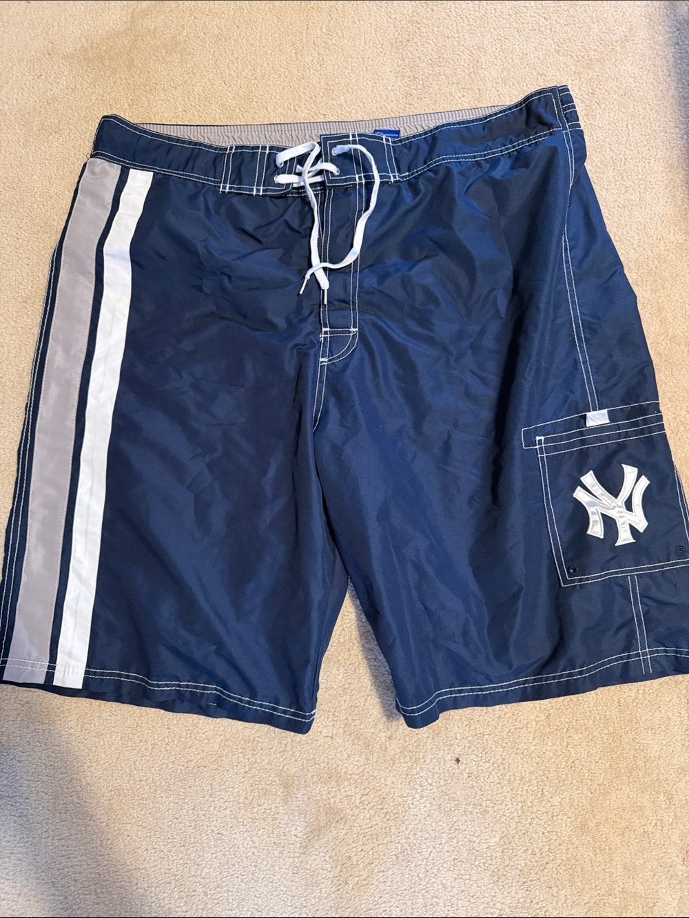 MLB NY Yankees Navy Swim Board Shorts with White Stripe